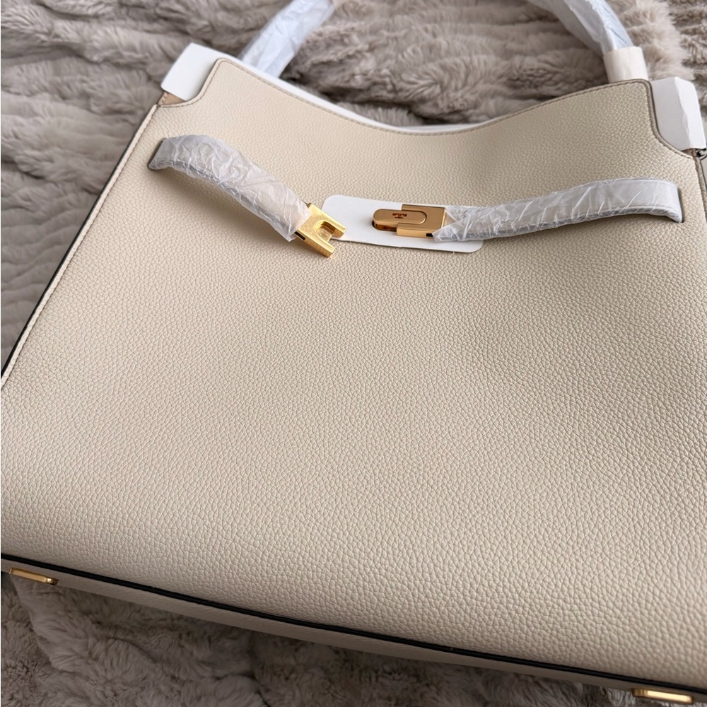 Tory Burch Cream and Tan Structured Satchel with Gold Hardware - Picture 15 of 16